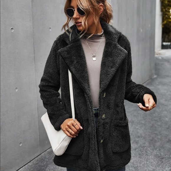Charcoal Grey comfy button pocket teddy jacket pea coat - Picture 7 of 11